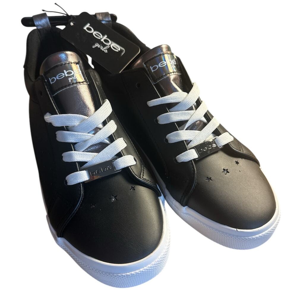 Bebe Girls Shoes Black Big Kid Size 4 Stars Lace Tie‎ Casual Sneakers Logo NWT